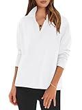 ANRABESS Women Long Sleeve Polo Shirts Casual V Neck Collared Boxy Fit Dressy Work Blouse Top Spring Outfits White M