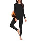 Womens Thermal Underwear Set Long Johns Base Layer Fleece Lined Top and Bottom Thermals Sets Loungewear Black Medium