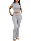ANRABESS Lounge Sets for Women 2 Piece Foldover Yoga Flare Leggings Pants Crop Tops Casual Y2K Outfits Matching Tracksuit Set Grey Grey Medium