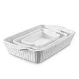 DOWAN Casserole Dishes for Oven, Baking Dishes Set, Ceramic Bakeware Sets of 3, Lasagna Pan Deep, Rectangular Baking Pan Set with Handles for Baking, Casserole, Kitchen, Wedding Gift, White (15.6''/12.2''/8.9'')