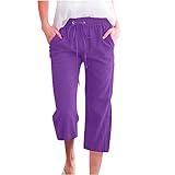 Generic Capri Pants for Women Casual 2024 Summer Drawstring Elastic High Waist Linen Pants Straight Wide Leg Capris Cropped Trouser, Petite Pants for Women Cyber of Monday Deals 2024 E04_Purple,5X