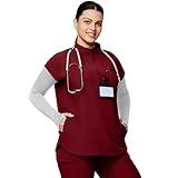 Kitmaz Medical Scrub Tops for Women - Soft Stretch Mandarin Collar Oversized Fit Scrub Shirts with 3 Pockets Meidum Burgundy