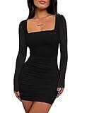 BORIFLORS Women's Sexy Ruched Bodycon Mini Dress Mesh Long Sleeve Club Party Short Dresses, Small, Black