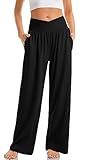 TARSE Womens Plus Size Pants Elastic Waist Yoga Pants Comfy Lounge Pajama Flowy Pants Pockets Sweatpants(Black,3XL XXXL)