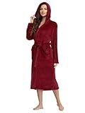 RONGTAI Womens Robes Plush Fleece Burgundy Hooded Bathrobe Thick Nightgown with Pockets Fluffy Sleepwear XX-Large