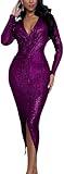 Women's Club Night Out Dresses Glitter Sequin Dress Sexy Wrap V Neck Bodycon Long Sleeve Midi Dress(10Purple,Large)