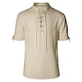 Teyujosem Men's Pirate Shirt Renaissance Medieval Viking Shirt Linen Short Sleeve Lace Up Top Halloween Costume(Z2827YE,M)