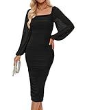 ZESICA Women's Sexy Ruched Bodycon Midi Dress Long Puff Sleeve Square Neck Backless Cocktail Party Wedding Dresses,Black,Small