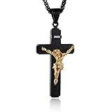 HZMAN Catholic Jesus Christ on INRI Cross Crucifix Gold Silver Tone stainless steel Pendant Necklace 22+2 Chain (Black)