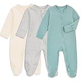 Aablexema Baby Footie Pajamas with Mitten Cuffs, Double Zipper Infant Cotton clothes Sleeper Pjs, Footed Sleep Play (3-6m, Ivory & Grey & Blue)