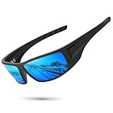 Ofwin Polarized Sports Sunglasses for Men Women Unbreakable Frame Cycling Fishing Wrap Around Sunglasses UV400 Protection Black Frame/Blue Mirror Lens