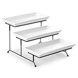 MALACASA 3 Tier Serving Trays for Party, Porcelain Serving Platters and Trays, 12 Inch Tiered Tray Stand, Fruit Tray, Trays for Serving Food, White Dessert Stand with Collapsible Sturdier Metal Rack