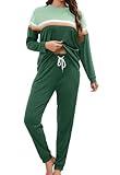 YAHESHION Womens Pajamas Sets Contrast Color Crewneck Long Sleeve Tops with Striped Pullover and Casual Long Pants with Pockets Knit Soft Lounge Sleepwear Outfits 2 Piece Pjs Solid Green M