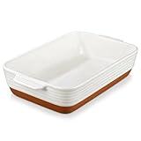 MALACASA 4.8 Quarts Ceramic Baking Dish with Handles, 9 x 13 Inches Casserole Dish, Deep Rectangular Lasagna Pan, Khaki & White Oven Safe Bakeware for Baking, Roasting, Series Tara