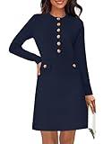 NENONA Women's Crew Neck Sweater Dress Long Sleeve Button Elegant Formal Party Mini Dress,Navy,S