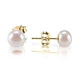 PAVOI Womens Yellow Gold Sterling Silver Freshwater Cultured Stud Pearl Earrings