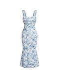 GORGLITTER Women's Floral Ruched Bodycon Midi Dress Mesh Sleeveless Fishtail Cami Dresses Blue Floral Large