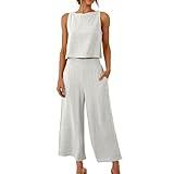 womens 2 piece outfits casual Summer Vacation 2 Piece Outfits For Women 2024 Sleeveless Crop Top Capri Wide Leg Pants Matching Lounge Set Linen Sets amazon fashion womens clothing 2024 White 3X