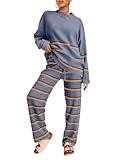 LILLUSORY 2 Piece Outfits for Women 2024 Fall Fashion Oversized Striped Sweaters Sets Cozy Lounge Sets Knit Clothes StripesDustyBlue S