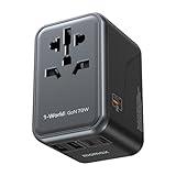 MOMAX 6-in-1 Universal Travel Adapter, GaN 70W International Power Adapter, 3 USB-C PD Fast Charging & 2 USB-A QC, 1 AC, All-in-one International Plug Adapter for Travel European UK AUS JP