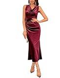 Women's Formal Cowl Neck Long Bodycon Dress Velvet Fall Ruched Sleeveless Mermaid Maxi Wedding Guest Cocktail Dress Wine M