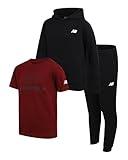 New Balance Boys' Joggers Set - 3 Piece Activewear: Pullover Hoodie, Jogger Sweatpants, and Graphic Tee Shirt for Boys (4-12), Size 8, Black Deep Red