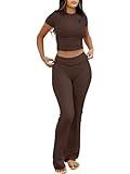 ANRABESS Lounge Sets for Women 2 Piece Foldover Yoga Flare Leggings Pants Crop Tops Casual Y2K Outfits Matching Tracksuit Set Brown Small