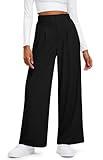 Libin Women's Wide Leg Pants 27" High Waisted Waffle Knit Casual Slacks Work Dress Pants Business Palazzo Trousers with Pockets, Black, L