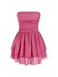 CIDER Women's Summer Cocktail Dress - Tube Ruched Ruffle Mini Dress: Carmine, S
