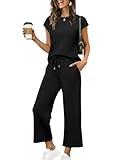 SAMPEEL Lounge Sets for Women Casual Summer Outfits Two Piece Sets Business Casual Vacation Travel Outfits Date Wide Leg Crop Pants Black XL