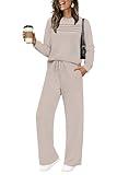 WIHOLL Tracksuit for women Two Piece Travel Outfits Long Sleeve Wide Leg Crewneck Loungewear Ladies Cozy Lounge Sets Trendy Fall Khaki L