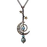 MINACHI Vintage Bohemian Hippie Blue Ceramic Beads Moon Star Lariat Necklace, Boho Hippie Statement Jewelry Gift for Women