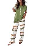 CHICME Womens Pajamas Sets 2 Piece Short Sleeve Lounge Set Printed Loose Pants Pj Sets Loungewear Set Ombre Green-XL