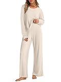 ANRABESS Women 2 Piece Lounge Pajamas Sets Casual Ribbed Knit Long Sleeve Top Pants Matching Set 2025 Fall Outfits Clothes Beige Medium