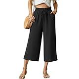 FREEOAK Big Gal Plus Sized Palazzo Pants for Women Casual Wide Leg Capris High Waist Cropped Flowy Linen Spring Break Pants with Pockets Black Size XX-Large