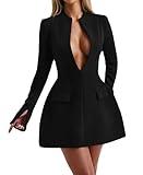 LuFeng Women's Long Sleeve Sexy Deep V Neck Zipper A-line Mini Dress Hollow Bodycon Night Out Party Dress Black