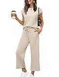 SAMPEEL 2 Piece Sets for Women Summer Outfits Lounge Sets Beach Vacation Clothes Spring Fashion Matching Set Women Clothing Wide Leg Corp Pants Beige M