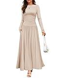 ZESICA Women's Long Sleeve Maxi Dress 2024 Fall Crewneck Knit Casual Slim Swing Pleated Dresses with Pockets,Sand,Medium