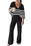 Fixmatti Womens 2 Piece Stripes Outfits Sweater Set Long Sleeve Stripes Knit Pullover Top Wide Leg Pants Lounge Sets Black M