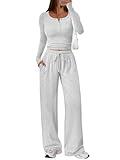 Trendy Queen Women's 2 Two Piece Matching Lounge Sets 2025 Airport Travel Fall Fashion Outfits Crop Top Wide Leg Pants Sweat Suits Workout Gym Y2k Clothes Casual Sweatsuit Loungewear Winter Clothing