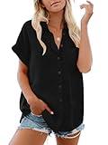 Womens Button Down Casual Shirts Cotton Short Sleeve Blouses Solid Summer Tops with Pocket Black