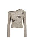 CIDER Women's Asymmetrical Neck Star Knitted Long Sleeve Mesh Crop Top: Khaki, M: Khaki, M