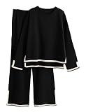 Tanming Women's 2 Piece Outfits Long Sleeve Knit Sweater Top Wide Leg Pants Lounge Sets Tracksuits (Black-S)