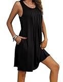 Ekouaer Plus Size Nightgowns with Pockets Sleepwear Sleeveless Sleep Shirts Pleated Front Nightdress Round Neck Tank Black 3X-Large