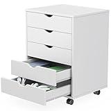 Sweetcrispy 5 Drawer Chest Mobile Storage Cabinets Small Wooden Dresser with Wheels Room Organization Furniture for Office Home, White Wood