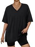 Trendy Queen Oversized Tshirts for Women Workout Plus Size Tops V Neck Short Sleeve Tunic Side Slit Outing T Shirts 2025 Spring Summer Casual Clothes Loose Fit Basic Tees Beach Vacation Black 3XL