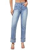 roswear Women’s Straight Leg Jeans High Waisted Boyfriend Stretchy Cuffed Denim Pants Light Blue Large