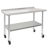 HARDURA Stainless Steel Table 24 x 48 Inches with Wheels Casters NSF Heavy Duty Commercial Prep Table with 2” Backsplash and Adjustable Undershelf for Restaurant Kitchen Home and Hotel