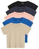 Real Essentials 5 Pack: Womens Crop Top High Waist Quick Dry Fit Active Wear Yoga Workout Athletic Running Gym Exercise Ladies Short Sleeve Crew Neck Moisture Wicking Tees T-Shirt Summer - Set 8, L