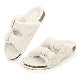 FITORY Womens Open Toe Slipper with Cozy Lining,Faux Rabbit Fur Cork Slide Sandals Beige Size 9